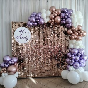 Dekoracja na 40 urodziny – ścianka cekinowa z girlandą balonową